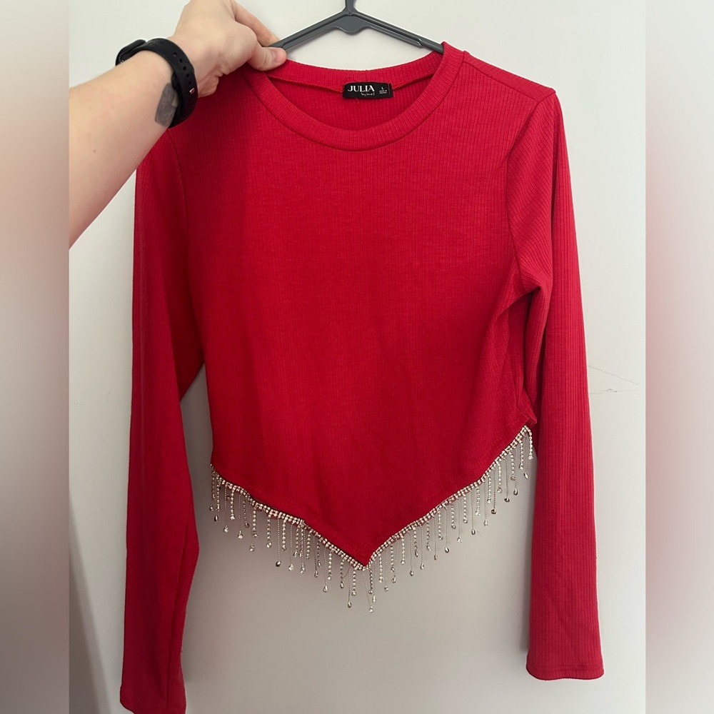 Red Beaded Hem Top